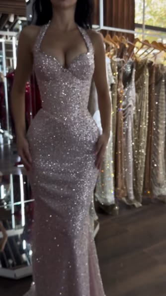 Glitter Halter Pink Long Party Dress Prom Dresses Sequin Mermaid Bodycon For Teens Girls Women N4099