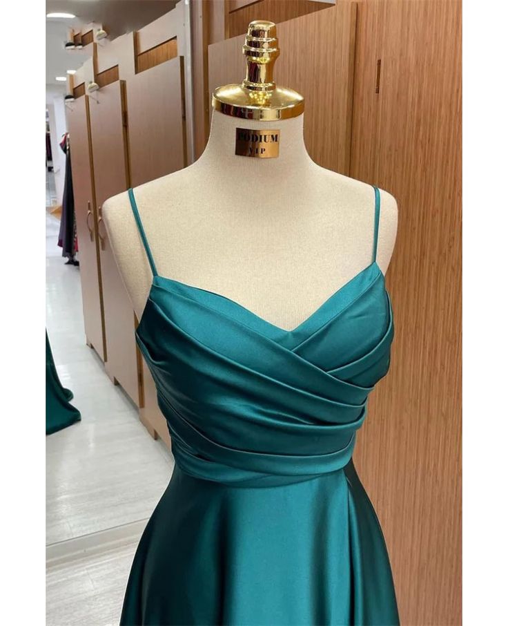 Classy Slim Long Green Satin A line Prom Dress With Straps AB135
