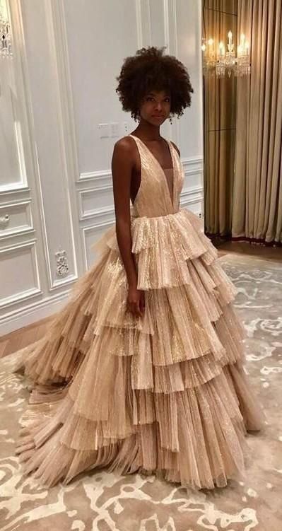 Luxurious Gold Pleated Layered Prom Dress Ball Gown Quinceanera Party Dress N801