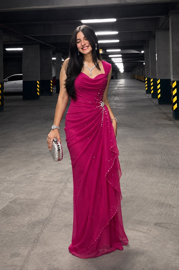 Prom Dress Inspo Stunning Hot Pink Draped Evening Gown Inspo Formal for Graduation Party RB9469
