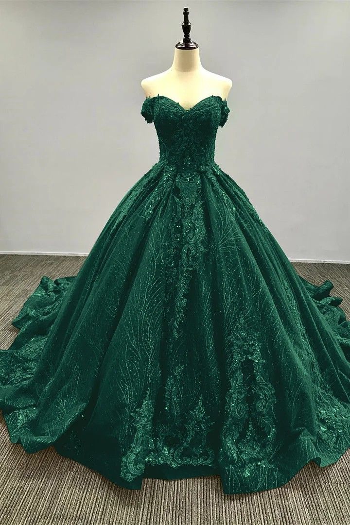 Emerald Green Ball Gown Off The Shoulder Lace Quinceanera Dress Appliques Birthday Luxury Dress Sweet 15 16 Birthday Gown AB1422