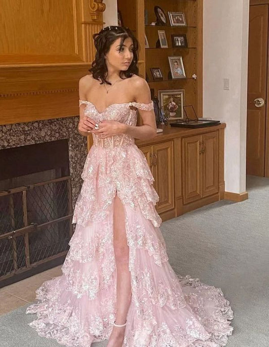 Pretty Off The Shoulder Pink Lace Slit Long Formal Prom Dresses Evening Dress Formal Party Gowns AB480