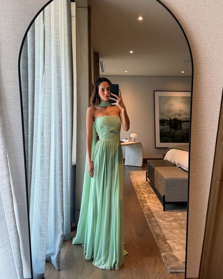 Modest A line Strapless Mint Green Chiffon Prom Dresses Inspo Simple Long Prom Gowns With Scarf AB265