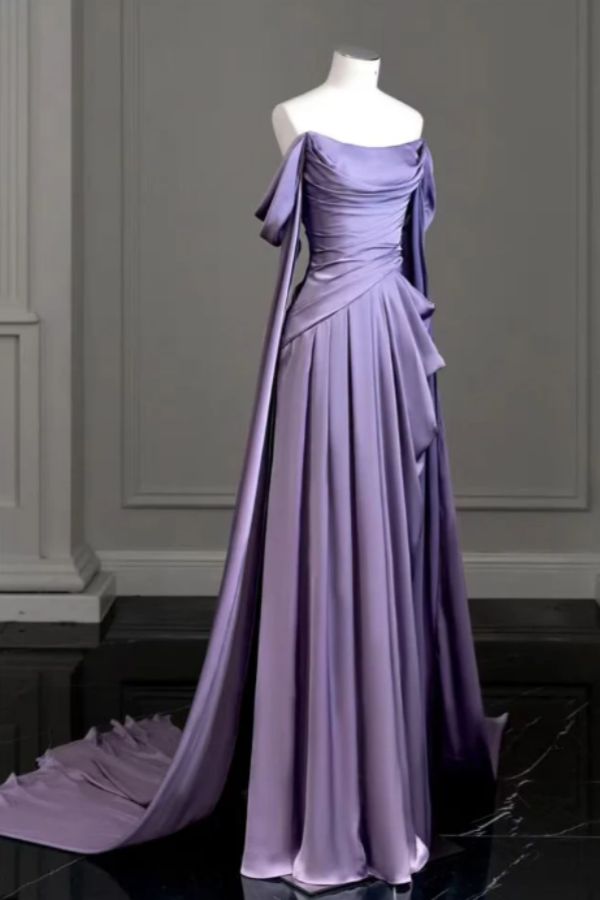 Purple Evening Dresses Off-The-Shoulder Pleated Long Prom Gowns With Trailing On Both Sides Ruffles N1873