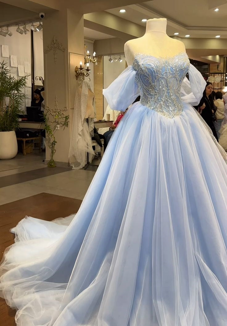 Unique Ball Gown Off The Shoulder Light Sky Blue Tulle Prom Dresses With Beads Formal Gown Inspo Evening Outfits AB1444