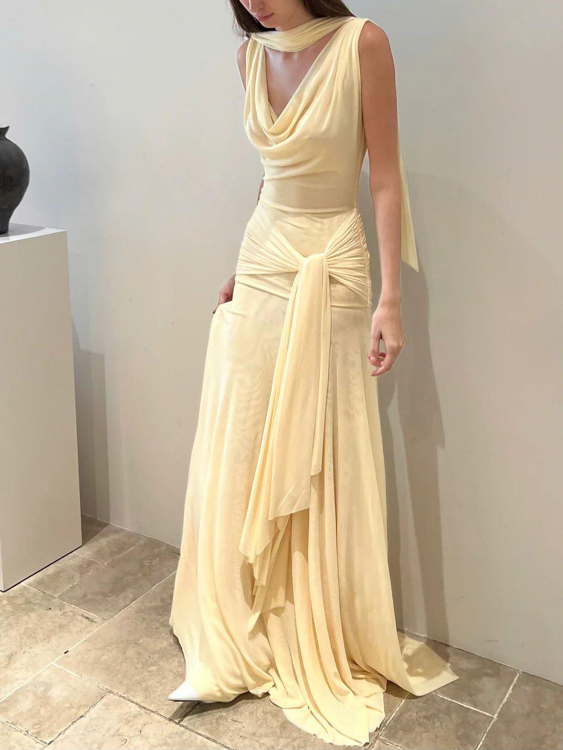 Elegant Mermaid V Neck Yellow Pleated Ruched With Scarf For Women Party Dresses Formal Prom Dress Inspo 22th Birthday Gown AB1445