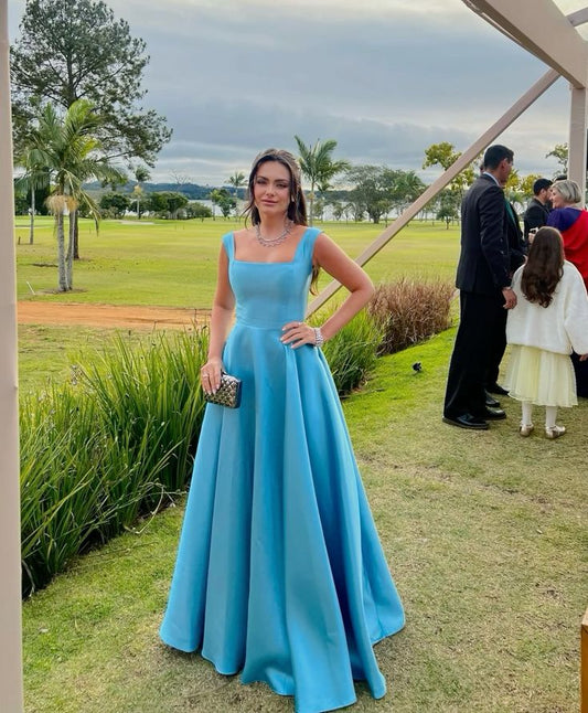 Gorgeous A Line Square Neck Blue Satin Sleeveless Prom Dresses Long Prom Gown AB216