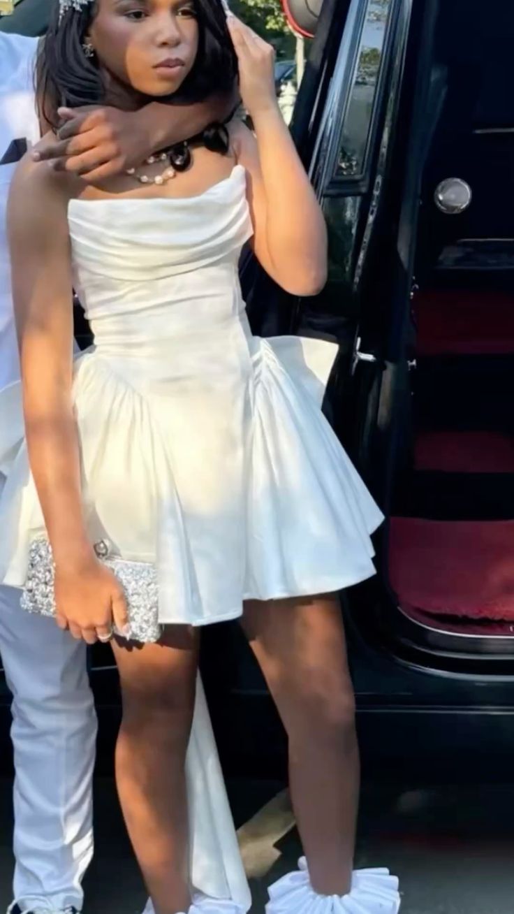 Cute Ball Gown Strapless White With Bow Mini Short Inspo Hoco Dress Ideas Homecoming Dresses RB4155