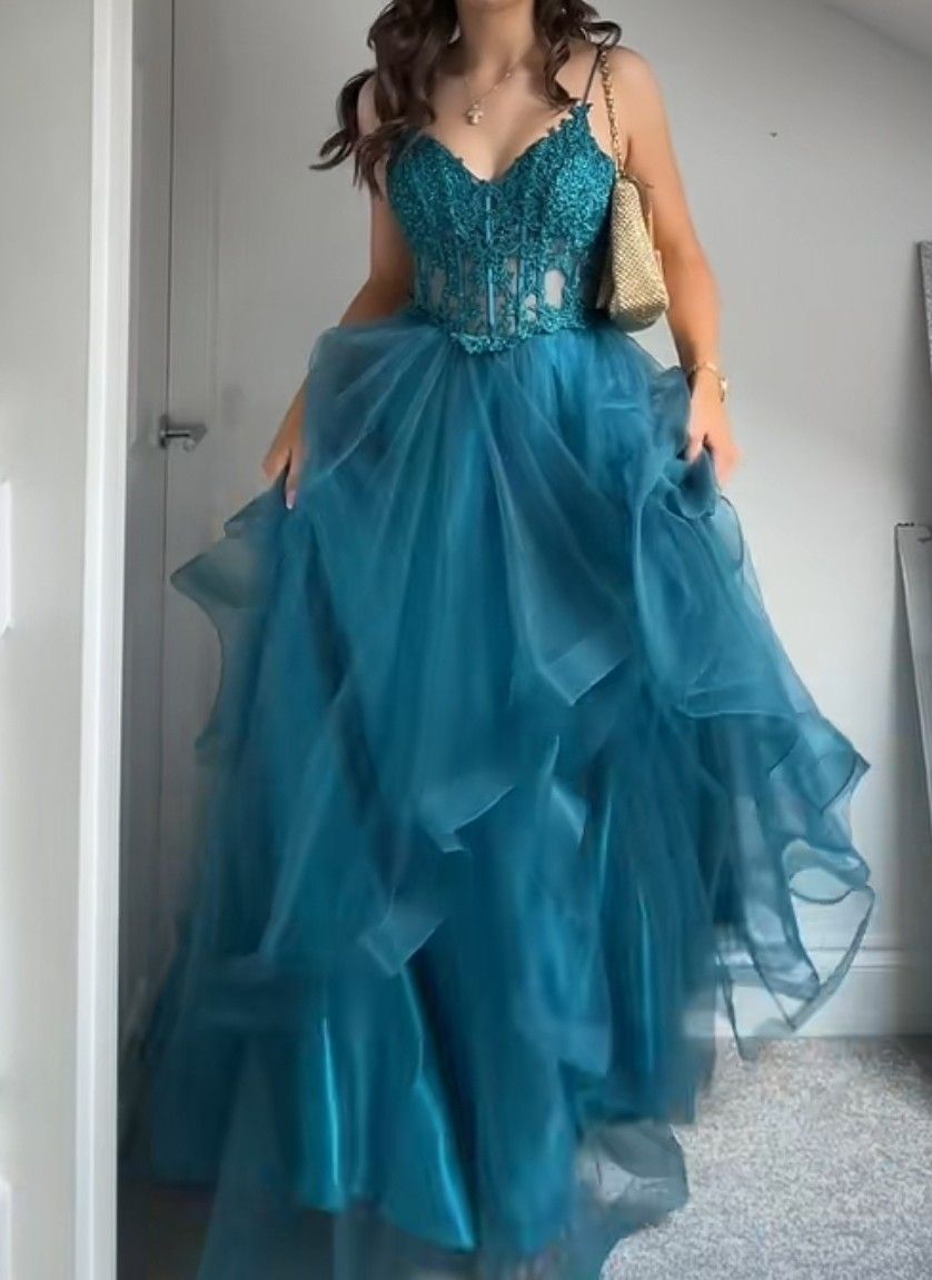 Modest Ball Gown Spaghetti Straps Teal Blue Tulle With Appliqued Long Prom Dress Evening Formal Gowns For Teens AB1437