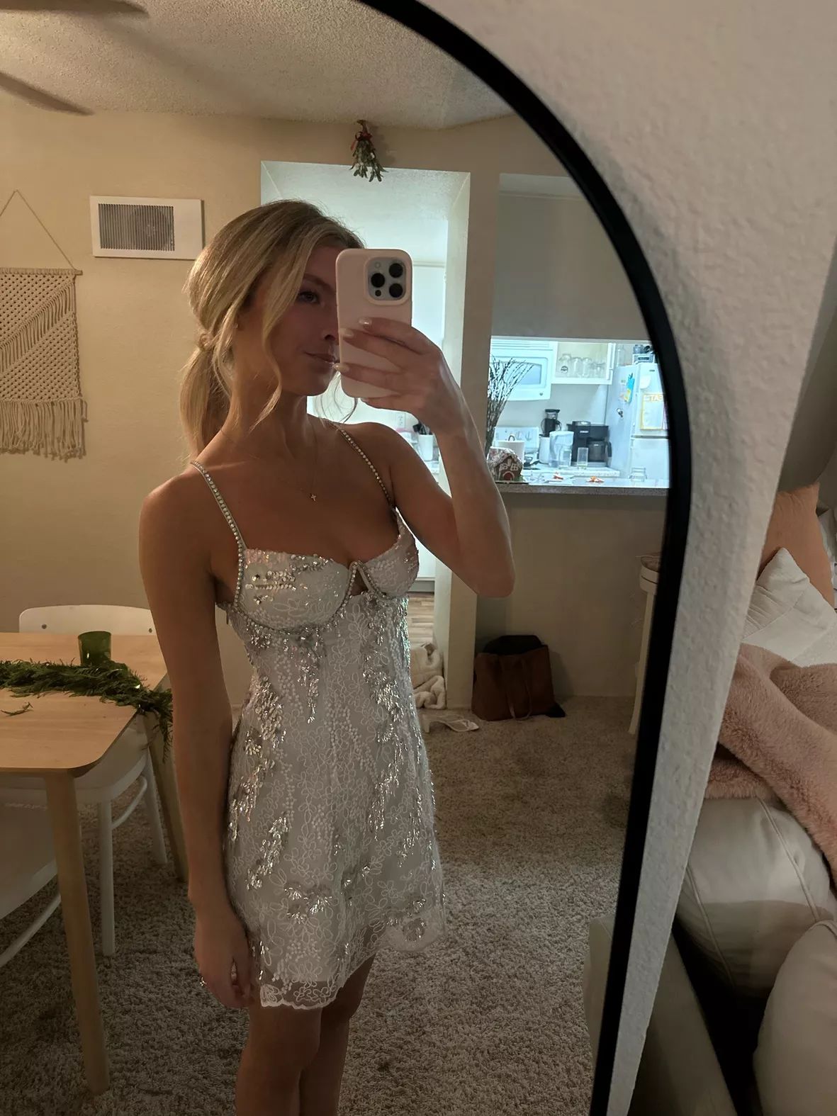 Senior homecoming dress, cute hoco dresses inspo a line spaghetti straps silver lace 16th Birthday Cocktail Outfits RB8340
