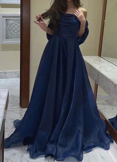 Modest Navy Blue Organza A-line Evening Prom Dresses Long Formal Party Gowns AB696