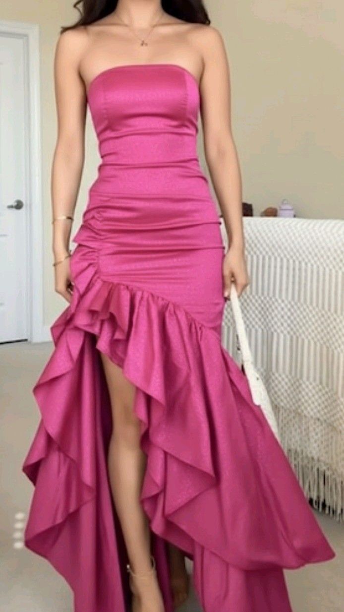 Modest High Low Strapless Hot Pink With Pleated Long Formal Gowns Prom Dresses Evening Gowns AB844