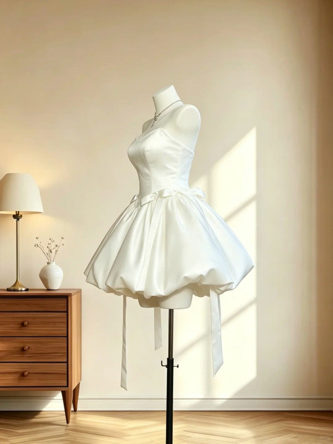 Fancy Ball Gown Sweetheart White Satin Mini Senior Inspo Short Party Formal Homecoming Dresses RB3058