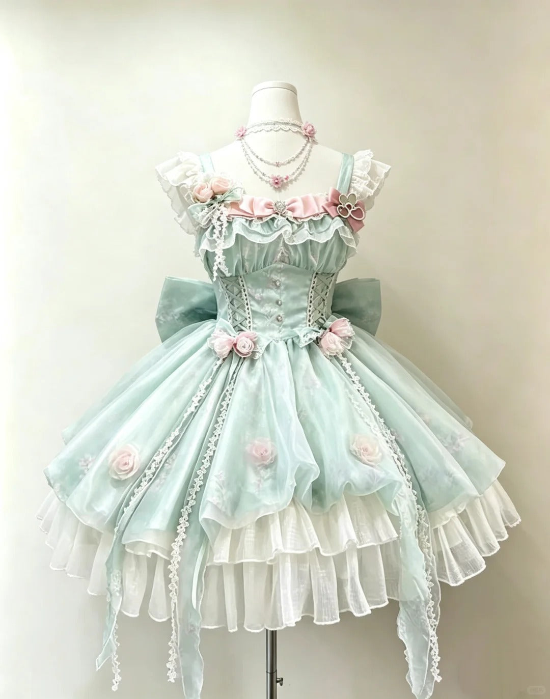 Romantic Ball Gown Square Neck Mint Green White With Pink Bows Lolita Dress Homecoming Dresses Hoco Outfits RB4690
