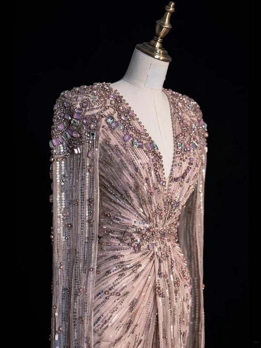 Sparkly A Line V Neckline Pink Sequined Beaded Bodice Long Prom Dress Evening Outfits Formal Dress N547