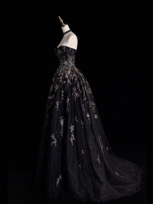 Modest Ball Gown Sweetheart Black Tulle Lace Long Prom Dresses For High School People Girls Formal Bridesmaid Dress N1035
