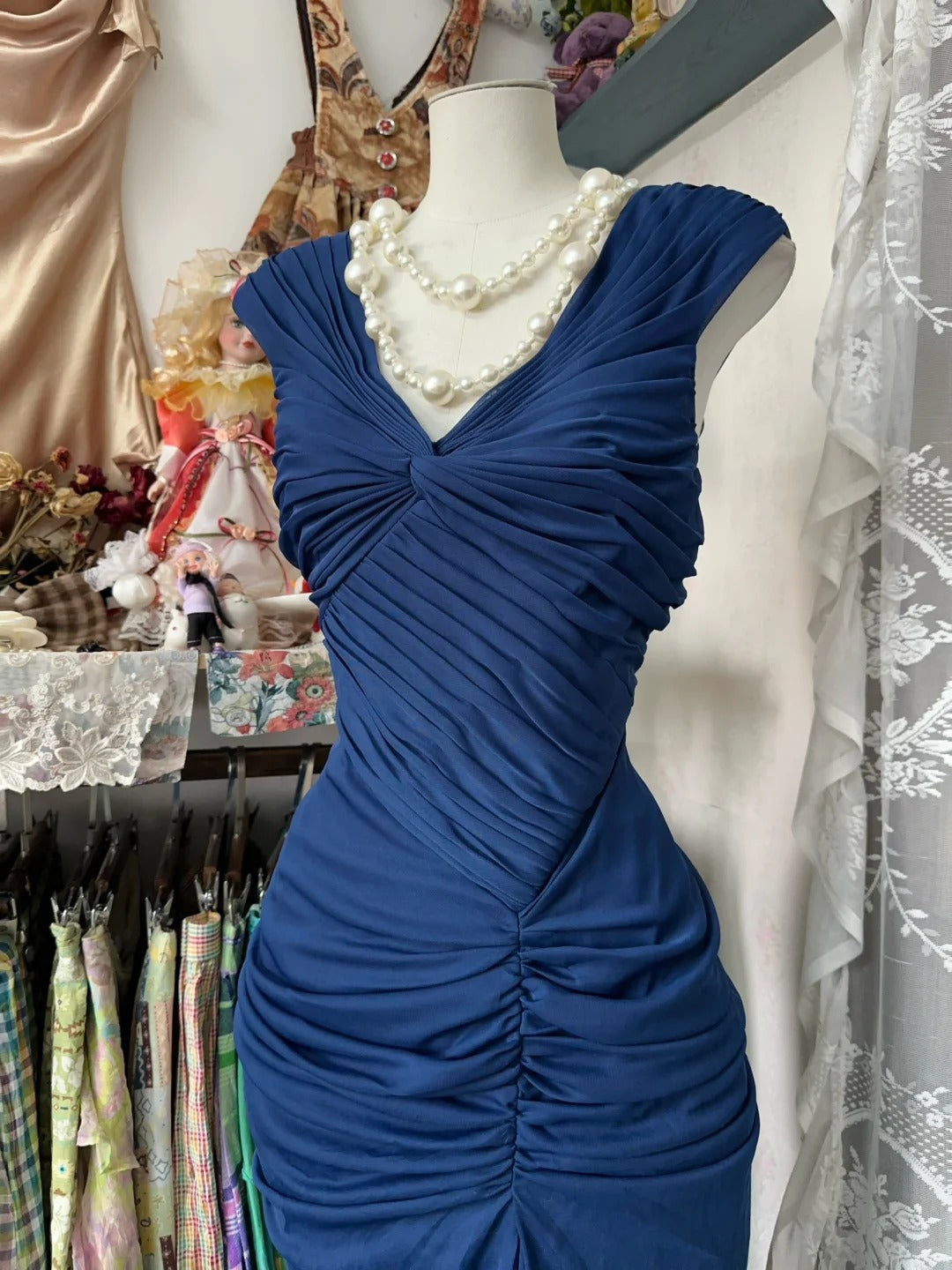 Retro Mermaid V Neck Navy Blue Chiffon Long Prom Dresses For Teens Evening Outfits Graduation Dress N1062