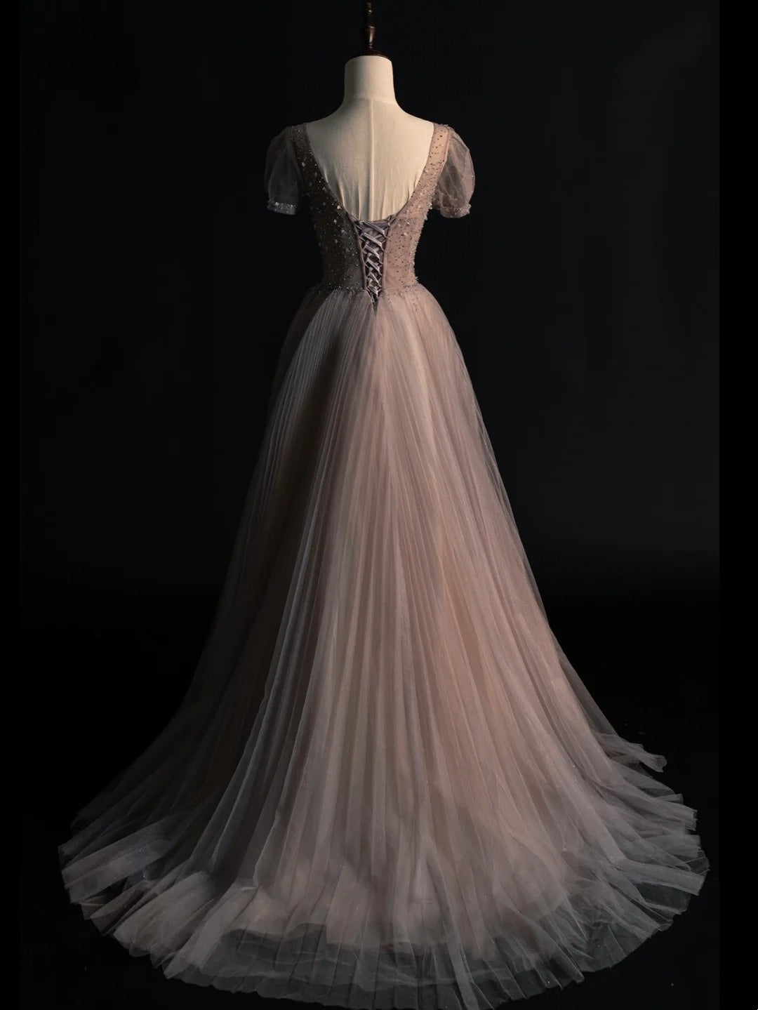 Modest A line V Neck Grey Tulle With Sleeves Beadings College Formal Outfits Long Prom Inspo Graduation Dresses N1234