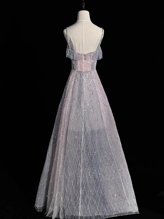 Princess Ball Gown Spaghetti Strap Dusty Blue Sequin Spring Inspiration Long Prom Dresses N1237