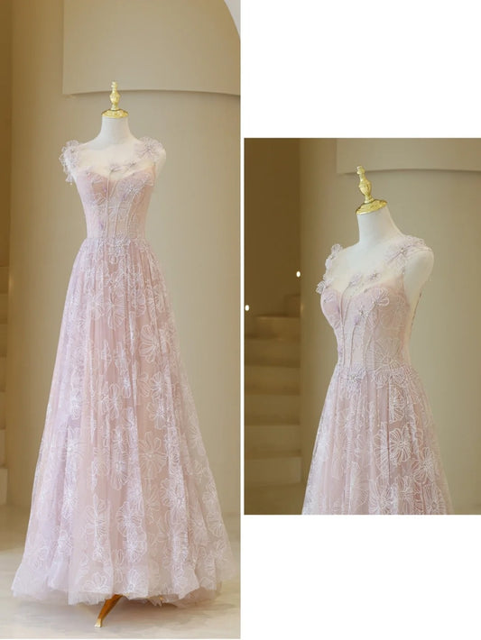 Elegant Ball Gown Lace Pink Tulle Prom Dress Charming Evening Party Gowns Fashion Wedding Guest Dress AB1017