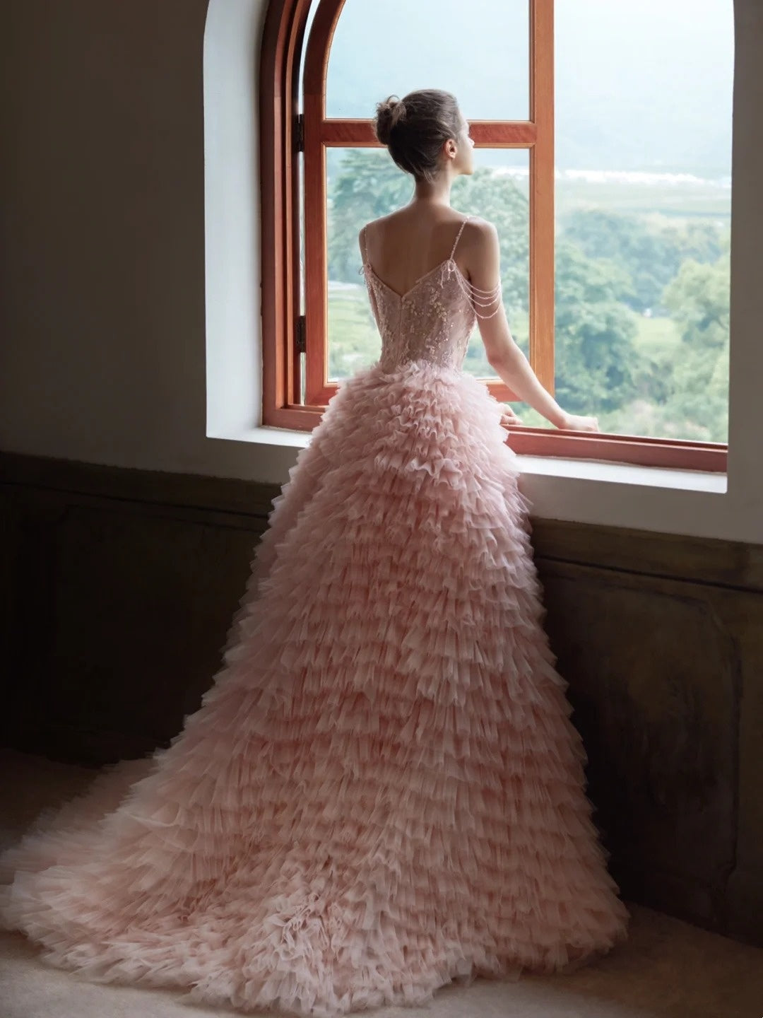 Charming Ball Gown Spaghetti Strap Blush Pink Tulle Long Prom Dresses Inspiration Evening Gowns Formal Party Prom Dress N201