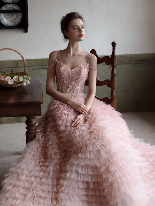 Charming Ball Gown Spaghetti Strap Blush Pink Tulle Long Prom Dresses Inspiration Evening Gowns Formal Party Prom Dress N201