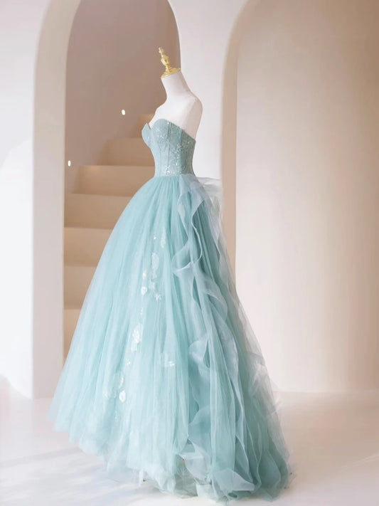 Cute Ball Gown Strapless Light Sky Blue Tulle Long Prom Dresses Impress 19th Birthday Outfits Prom Gown N203