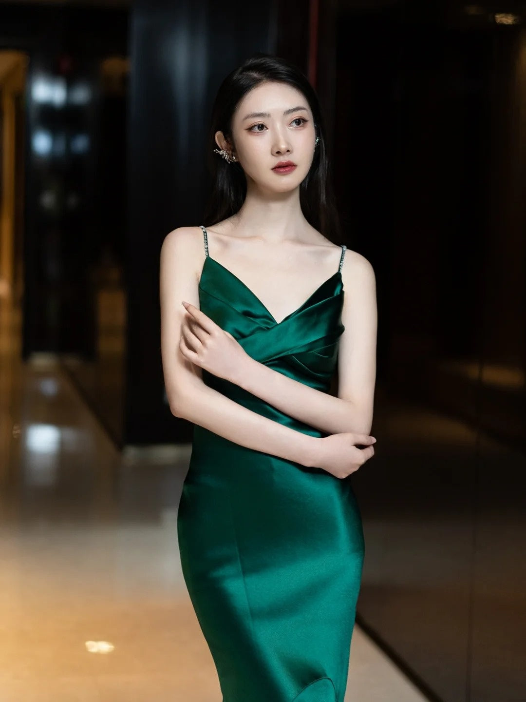 Modest Mermaid Spaghetti Strap Dark Emerald Green With Backless Satin Long Prom Dresses Inspo Prom Gowns N300