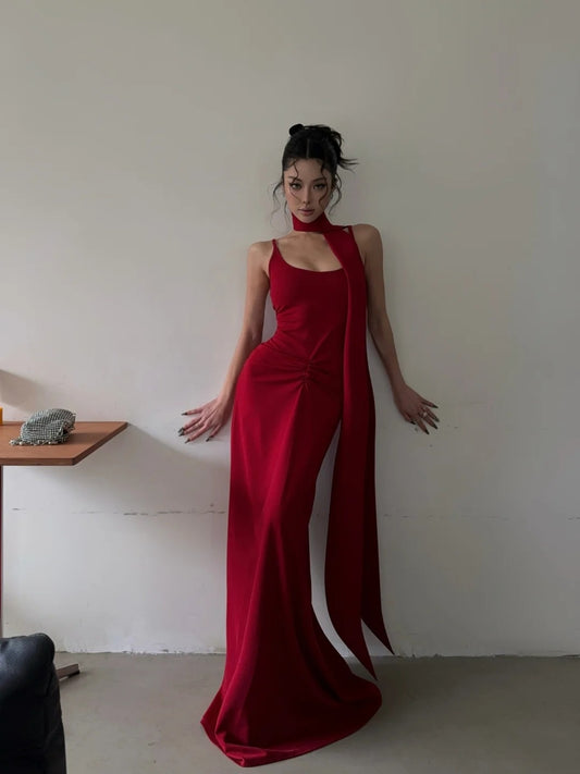 Unique Mermaid Spaghetti Strap Bright Red With Scarf Long Prom Dresses Inspiration Prom Gowns Formal Prom Dress N463