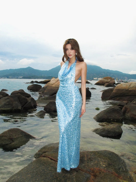Glittery Mermaid Halter Light Blue With Backless Sequin Long Prom Dresses Inspiration 18th Birthday Outfits Formal Evening Dress N468