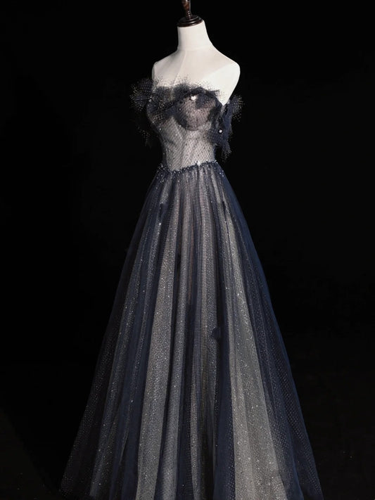 Elegant A line Sweetheart Navy Blue Tulle Pleated Long Prom Dresses Evening Outfits Formal Dress N572