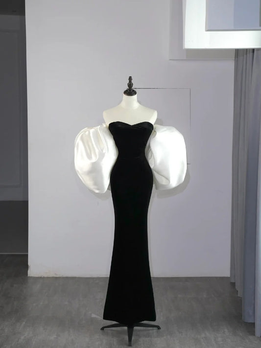 Modest Mermaid Sweetheart Black Velvet With Cape Satin Long Prom Dresses Night Formal Dresses N582