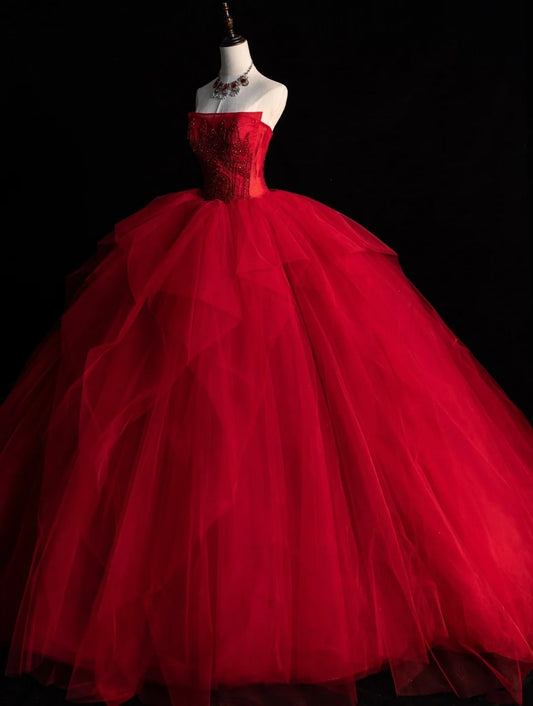 Cute Ball Gown Strapless Red Sleeveless With Applique Tulle Long Quinceanera Dresses Sweet 15 16 Birthday Outfits N583