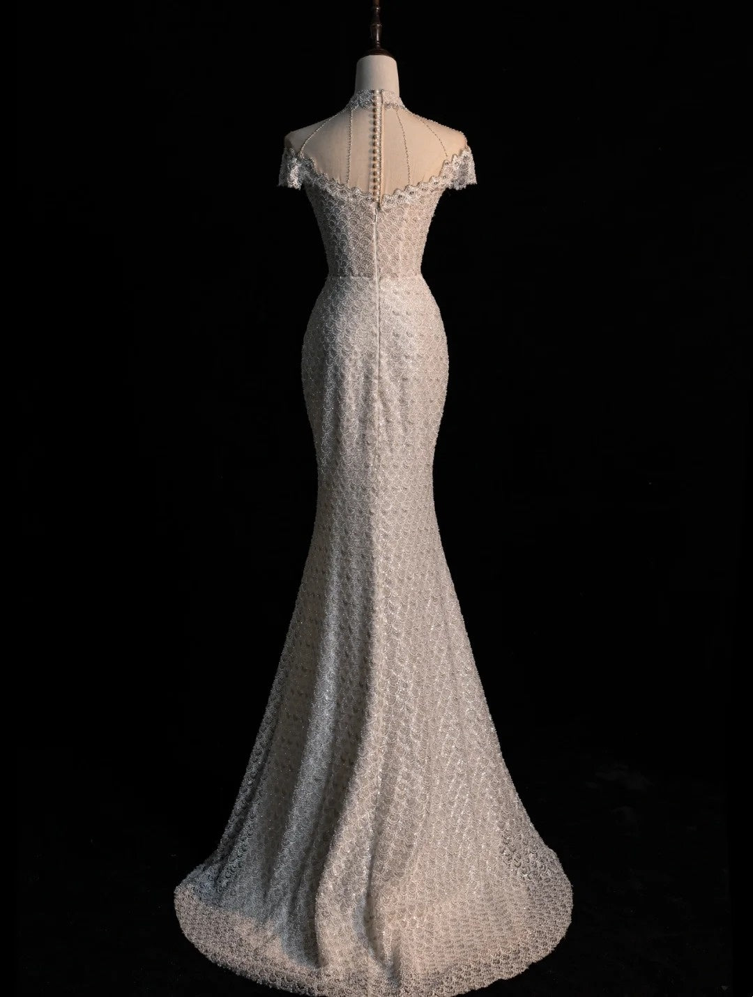 Civil Wedding Dresses Mermaid High Neck White Sequin With Beaded Bodice Sleeves Brides Dress Fitted Bridal Gowns N605