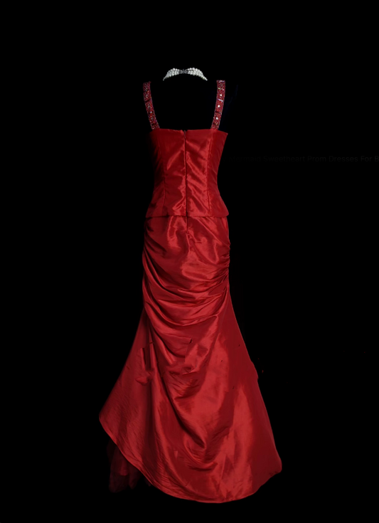 Retro Classy Mermaid Sweetheart With Straps 1950s Burgundy Satin Pleated Long Prom Dresses Formal Gowns N831