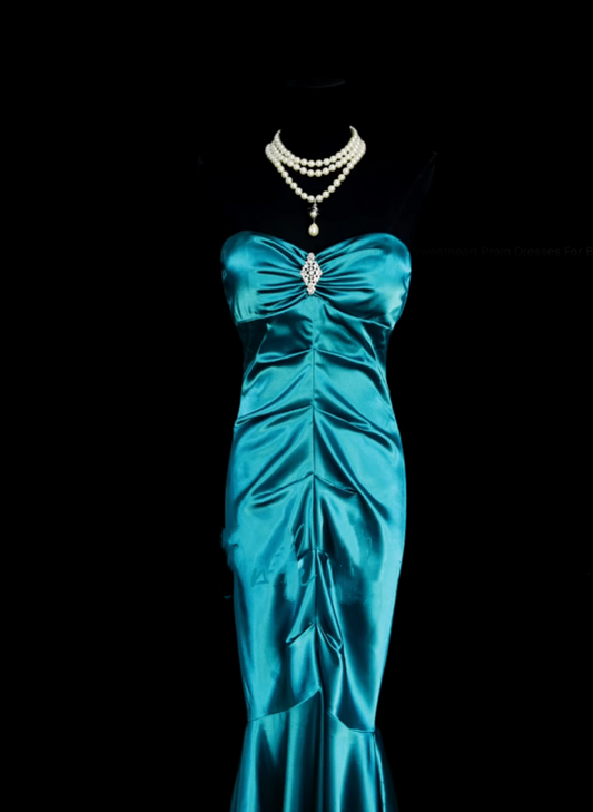 Retro Classy Mermaid Sweetheart With Pleated 1950s Blue Satin Long Prom Dresses Formal Gowns N834