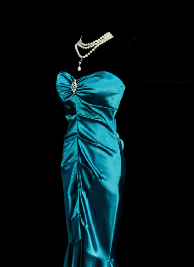 Retro Classy Mermaid Sweetheart With Pleated 1950s Blue Satin Long Prom Dresses Formal Gowns N834