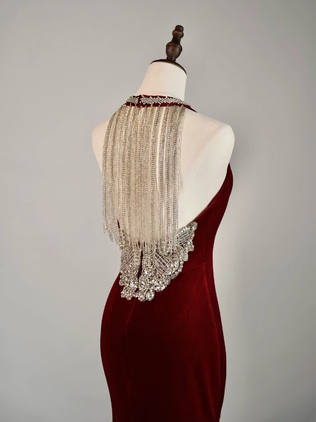 Simple Mermaid Jewel Burgundy Velvet With Beadings Long Prom Dresses Formal Gowns N854
