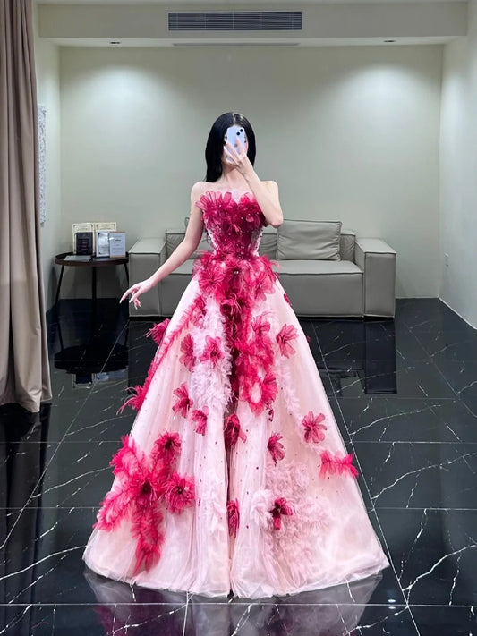 Modest Ball Gown Strapless Pink Flowers Tulle Long Prom Dresses Party Dress 21st Birthday Outfits Graduation Gown N855