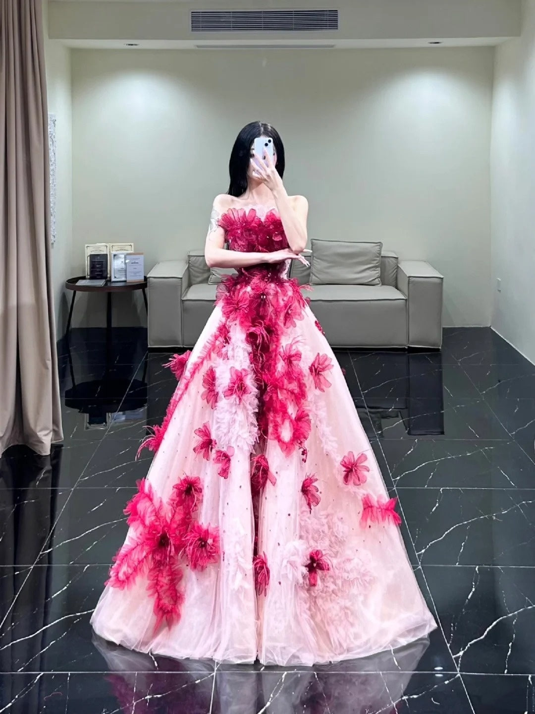Modest Ball Gown Strapless Pink Flowers Tulle Long Prom Dresses Party Dress 21st Birthday Outfits Graduation Gown N855