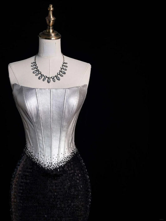 Retro Classy Mermaid Strapless Silver Gray Satin Black Sequined 1950s Long Prom Dresses Formal Gowns N864