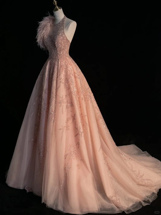 Classy Ball Gowns Scoop Neck Sequined Blush Pink Long Prom Dresses Graduation 20th Birthday Outfits N873
