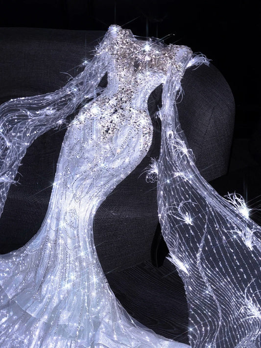 Fairytale Fantasy Art Wedding Dresses Mermaid Sequin With Beaded Bodice Long Brides Dress Fitted Bridal Gown N862