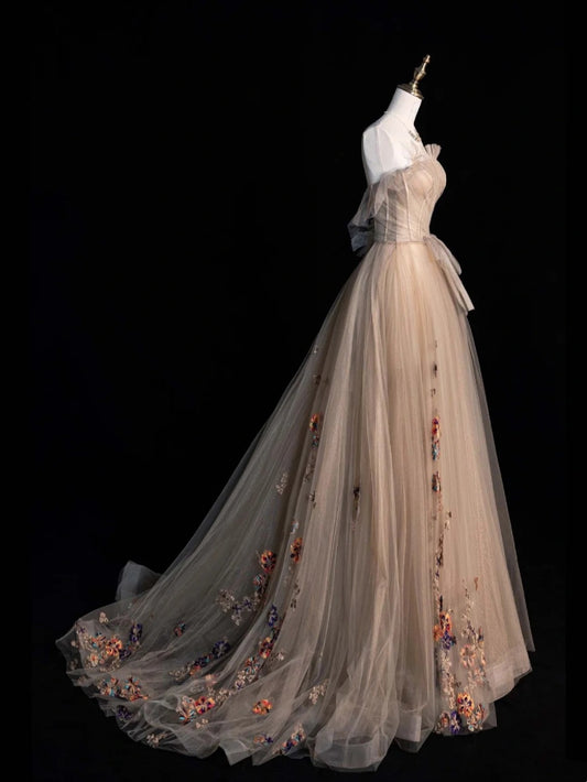 Princess Ball Gown Strapless Champagne Tulle Long Prom Dresses Evening Outfits Formal Dress N960