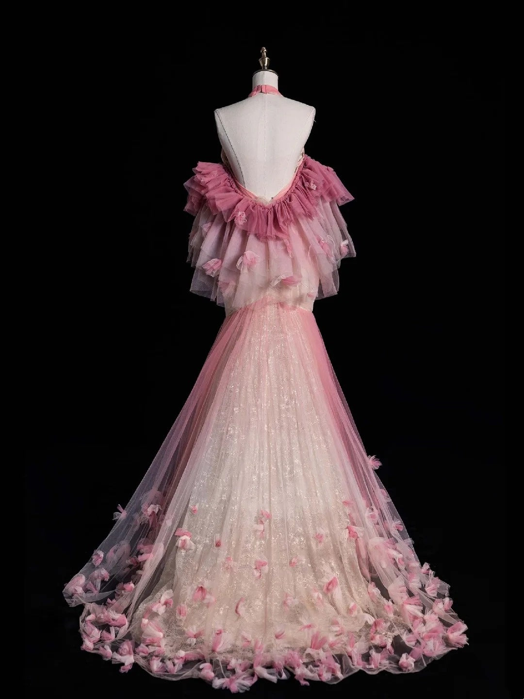 Retro Mermaid Halter Pink Tulle With Sleeves Party Dresses Prom Dresses Impress Senior Formal Dance Dress N962