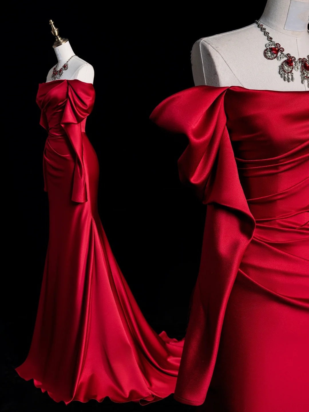 Sexy Mermaid Off The Shoulder Red Satin With Sleeves Long Prom Dress Evening Outfits Formal Dress N933
