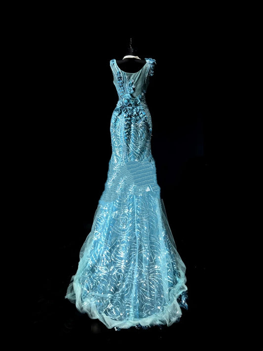 Chic Mermaid V Neck Blue Sequin Lace Long Party Dresses Prom Dresses Impress Senior Formal Dance Dress N938