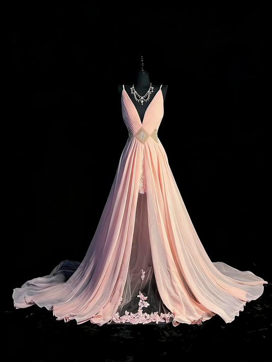 Princess A line Spaghetti Strap Blush Pink Chiffon Slit Long Prom Dresses Evening Outfits Formal Dress N965