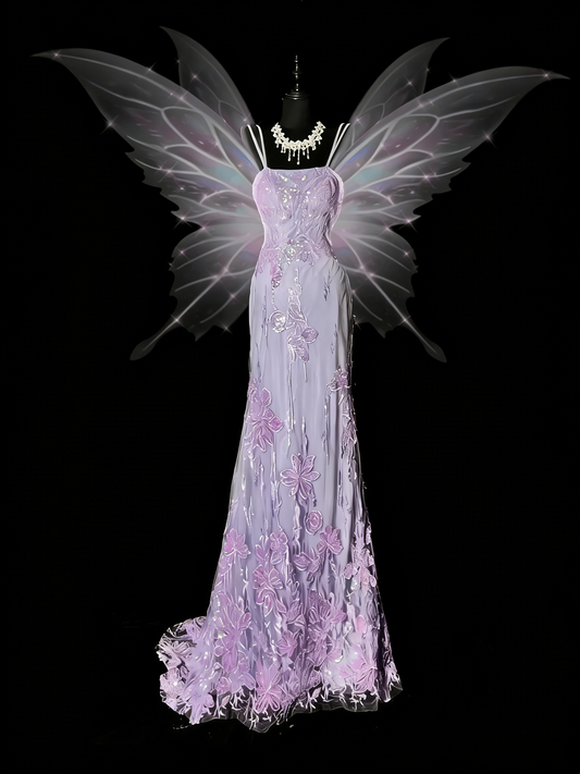 Stunning Mermaid Spaghetti Straps Lilac Tulle Lace Long Prom Dresses Evening Outfits Formal Dress N988