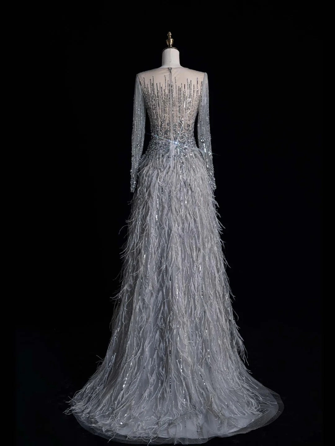 Modest A line Scoop Neck Silver Grey With Featrhers College Formal Outfit Long Prom Graduation Dresses N1210